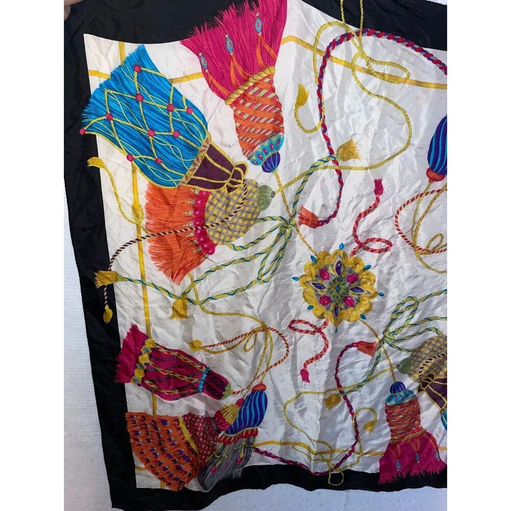 Stunning vintage echo silk scarf Colorful Exotic Tassel pattern 34x34